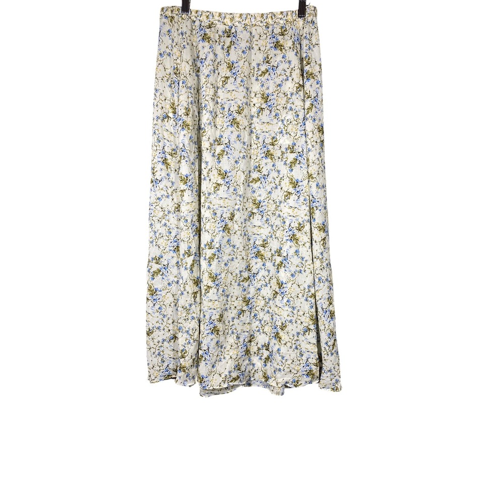 Max Studio London Maxi Skirt Womens L White Blue Floral Elastic Waist Pockets